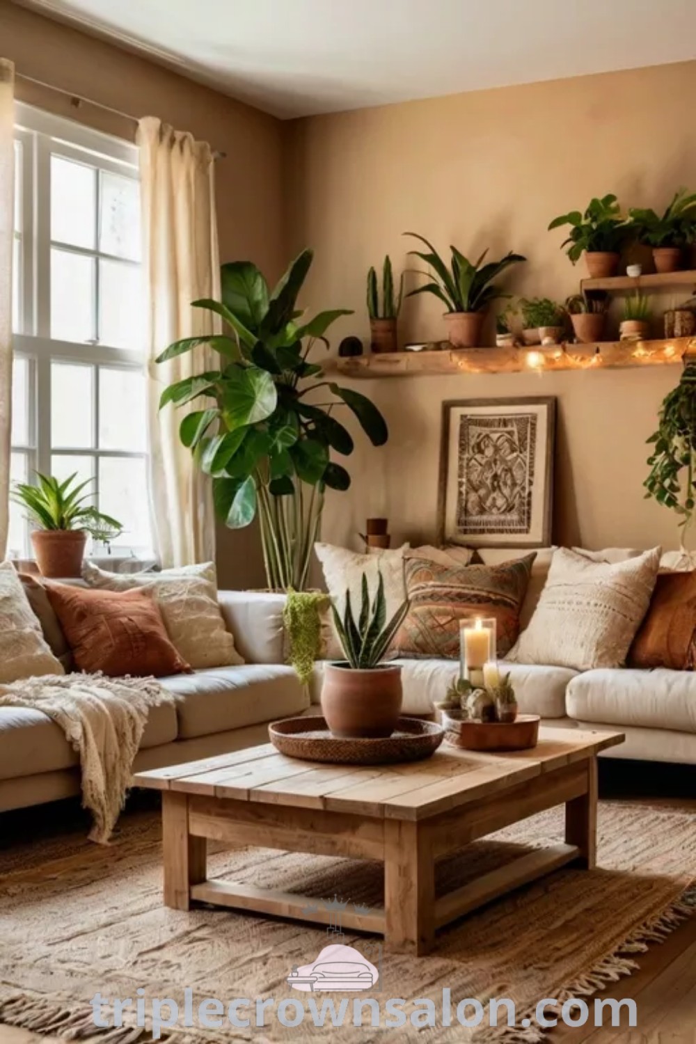 A cozy boho living room featuring white walls, plants, and gold accents that create a calming atmosphere. This unique decor showcases small living room ideas, offering design inspirations for a cozy home environment. Discover more home decor ideas at wellnesswink.com.