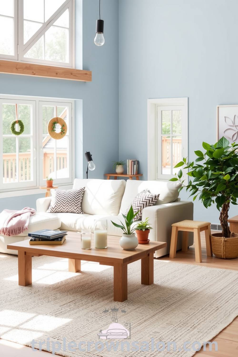 Scandinavian living room featuring soft blue walls, natural wood accents, a plush light gray sofa with knitted pillows, a handmade coffee table, cozy textured rug, and potted plants, showcasing cozy decor ideas for your home at triplecrownsalon.com.