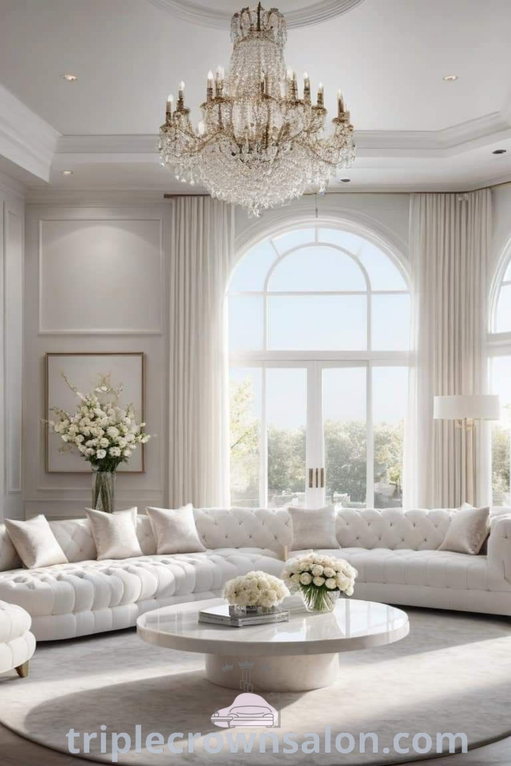 An elegant living room showcasing white furniture, a luxurious chandelier, and large windows creating a bright, cozy atmosphere. This design embodies luxury modern decor, offering unique ideas for your home. Discover more inspiring decor ideas at wellnesswink.com.
