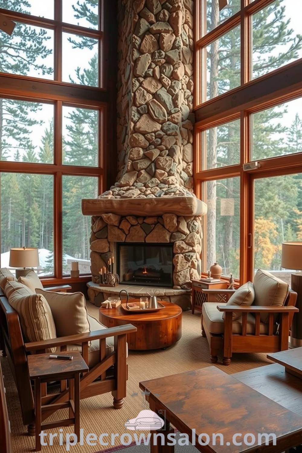 Cozy living room with earth tones, organic textures, large windows showing trees, wooden furniture, plush cushions, and a rustic stone fireplace, creating a serene and inviting atmosphere that highlights cozy ideas and decor inspirations for your home. Visit triplecrownsalon.com.