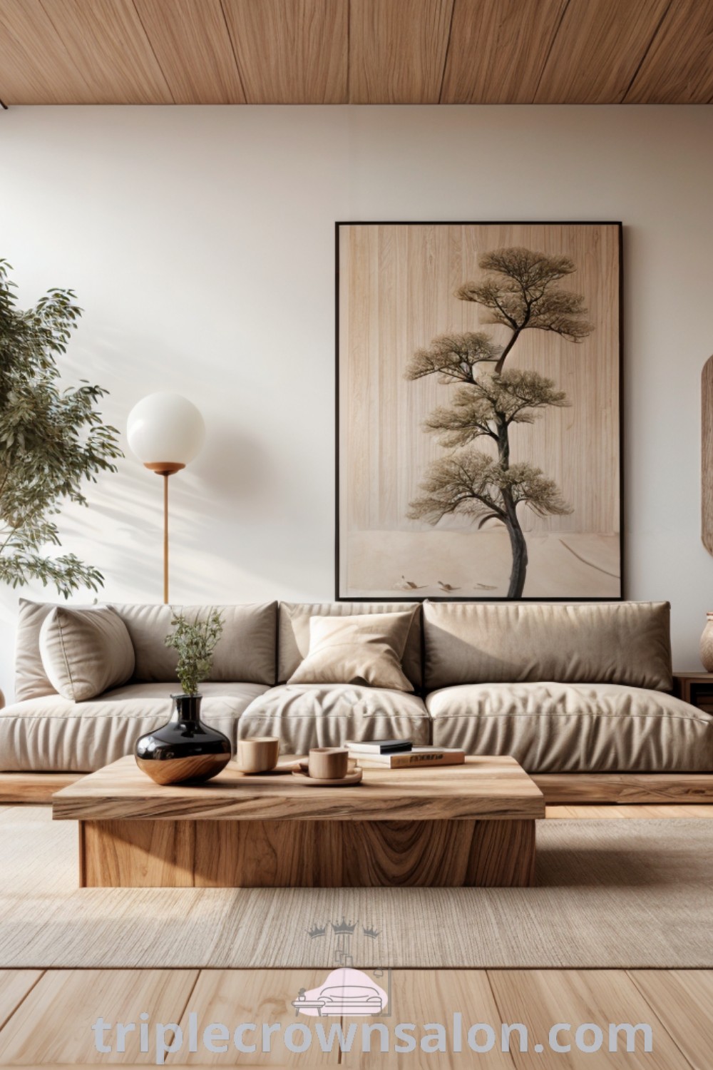 A living room featuring a brown sofa surrounded by minimalist decor, a Japandi couch, and neutral abstract art, showcasing cozy ideas and design inspirations for your home. Discover more living room decor ideas at triplecrownsalon.com.