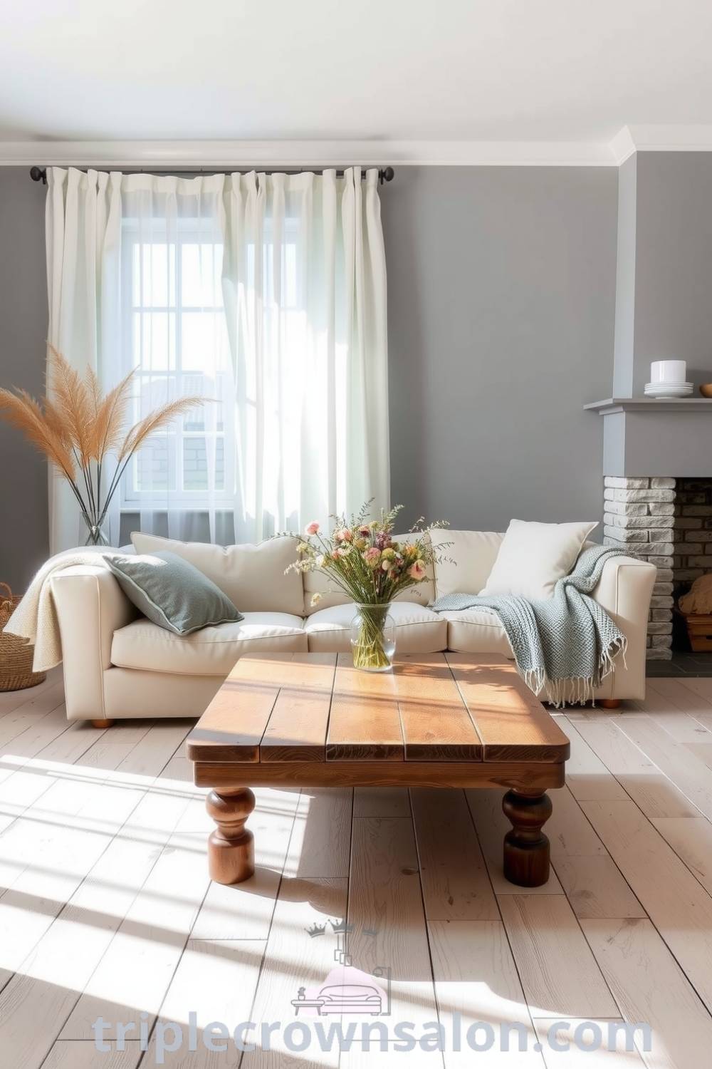 Scandinavian living room featuring soft grey walls, a cream-colored sofa, sheer white curtains, a rustic reclaimed wood coffee table with wildflowers, and a cozy stone fireplace, showcasing inspiring decor ideas and a cozy aesthetic for modern homes at triplecrownsalon.com.