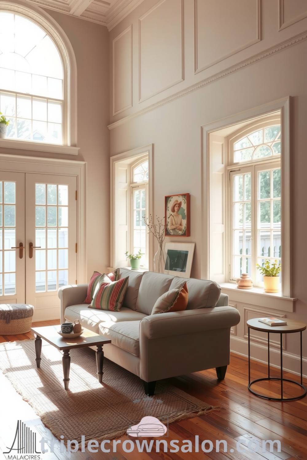 Cozy living room with French windows, plush linen sofa, muted beige tones, rustic wooden and metal accents, and potted plants, creating a serene and inviting atmosphere for relaxation and inspiration. Visit triplecrownsalon.com for more decor ideas.