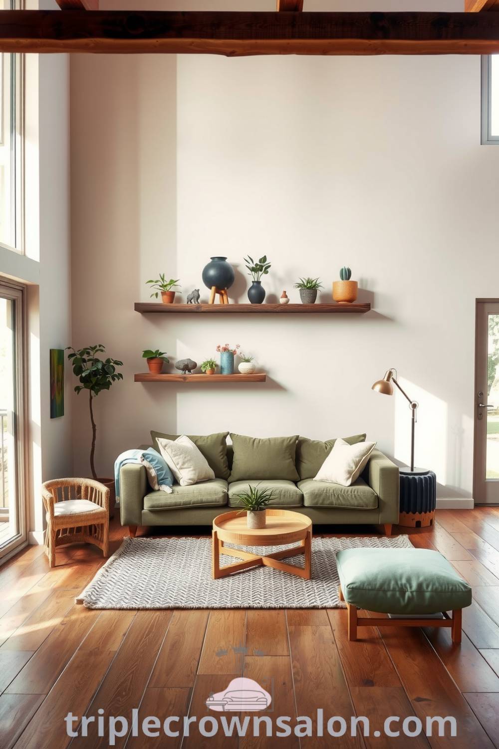 Nature-inspired living room with large windows, earthy tones, a cozy green sofa, reclaimed wooden shelves with potted plants, and a warm atmosphere, showcasing cozy decor ideas for a peaceful retreat. Visit triplecrownsalon.com for more inspiring ideas for your home.