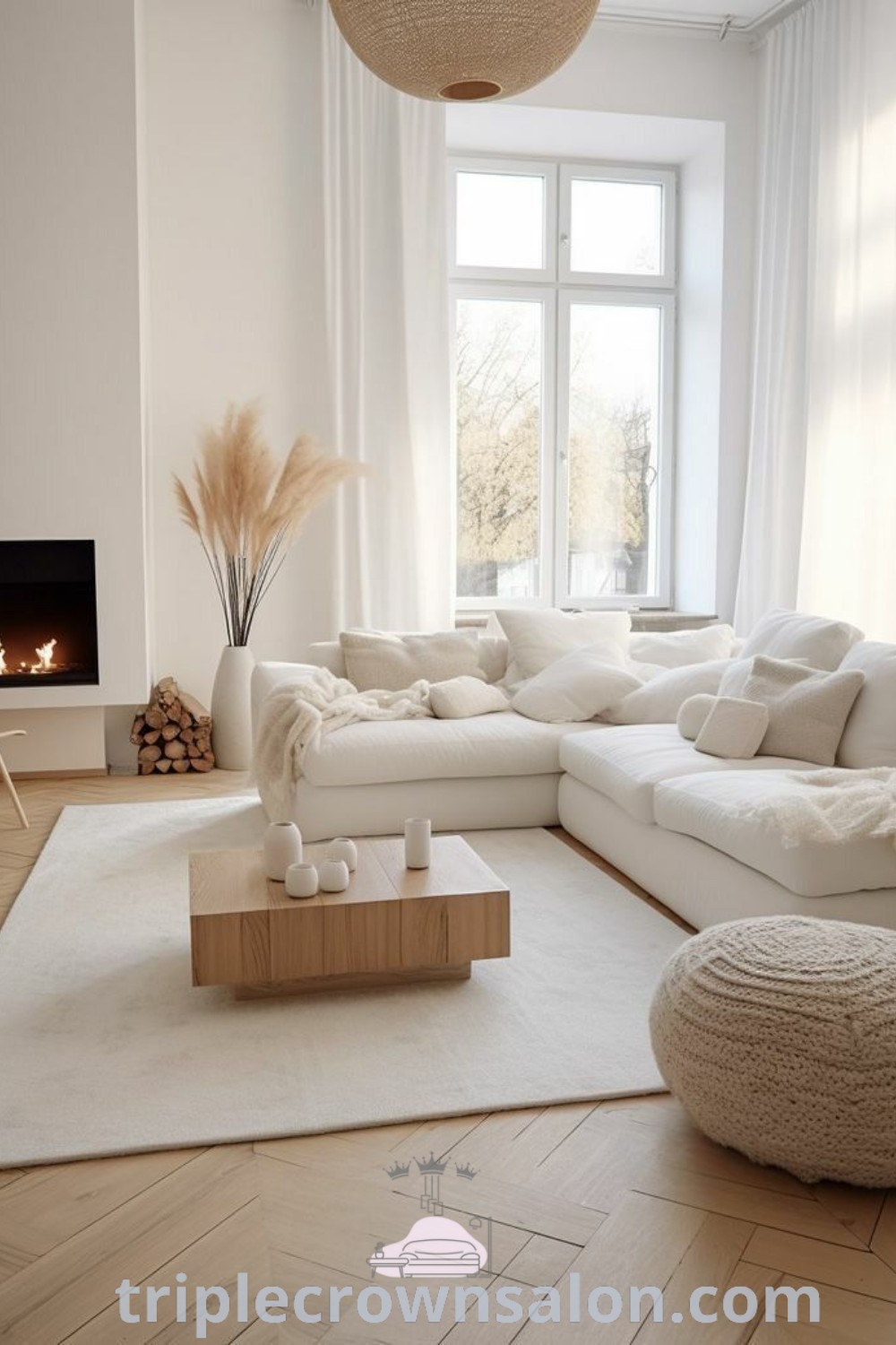 A cozy minimalist living room filled with stylish furniture and a fireplace by the window, showcasing a beautiful hardwood floor. This decor inspires unique ideas for your home, featuring warm and inviting elements perfect for modern living. Explore more design ideas at triplecrownsalon.com.