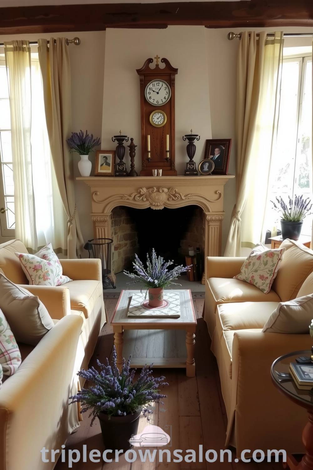 Cozy French living room featuring plush velvet sofas, an ornamental aged stone fireplace, natural light filtering through sheer curtains, potted lavender, and a warm, inviting atmosphere, showcasing cozy ideas and decor inspirations for your home at triplecrownsalon.com.