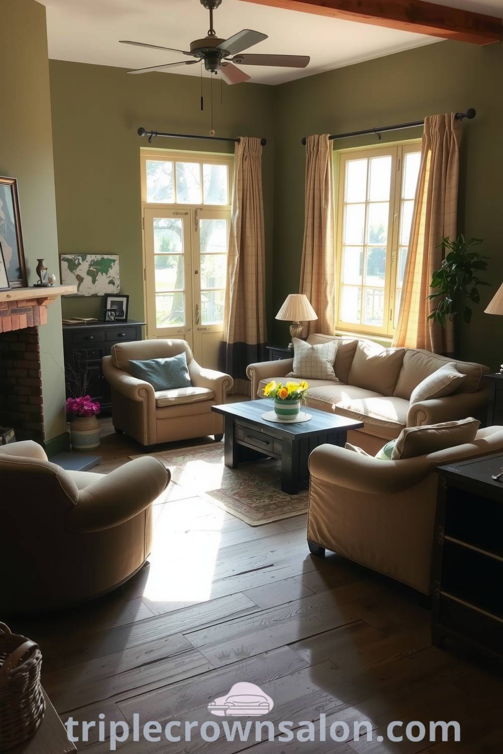 Cozy rustic living room with olive tones, natural wood accents, and plush seating, featuring a large window with linen curtains and a warm fireplace, ideal for family gatherings. Visit fireplacesandwoodstoves.com for unique decor ideas.