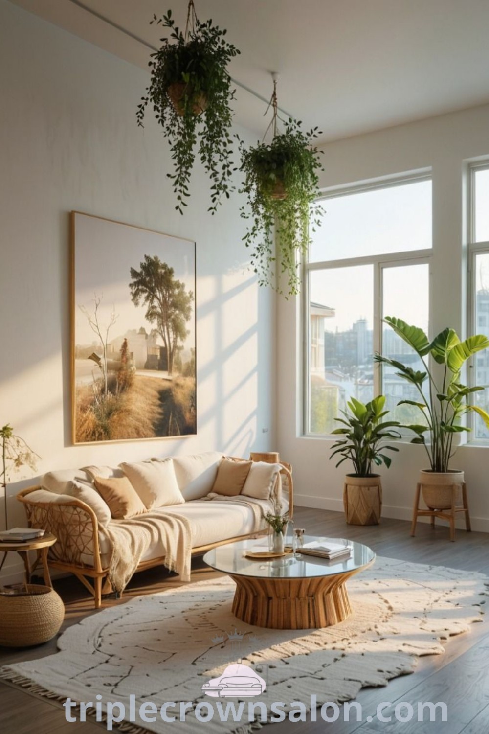 A stylish minimalist boho living room filled with furniture and potted plants, showcasing clean bohemian decor and cozy ideas for a comfortable home. Perfect for apartment dwellers, this space offers design tips and unique inspirations for creating an inviting atmosphere. Find more decor ideas at triplecrownsalon.com.