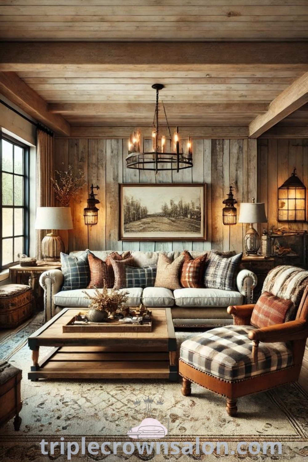 A cozy farm-inspired living room featuring a plaid armchair, country decor accents, layered rugs, and a beautiful farmhouse lamp, showcasing warm aesthetics and inviting design ideas for your home. Discover more inspirations at triplecrownsalon.com.