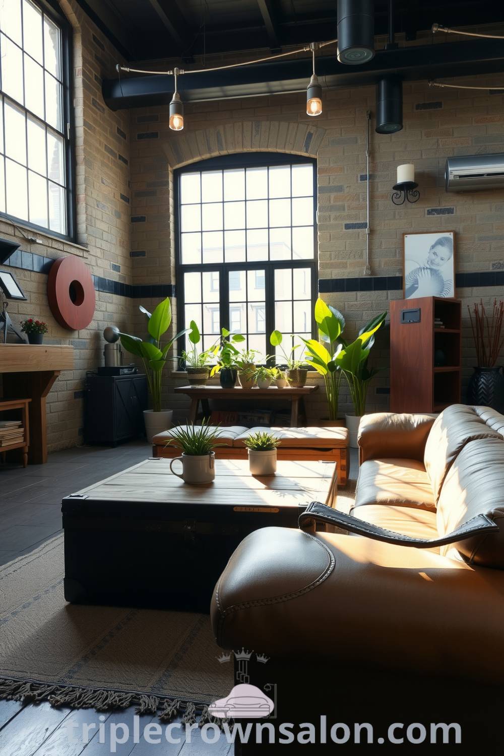 Cozy industrial living room featuring textured stone walls, raw wooden accents, dark metal fixtures, worn leather furniture, and green plants, along with vintage elements like a trunk coffee table, providing inspiring decor ideas for cozy home aesthetics at triplecrownsalon.com.