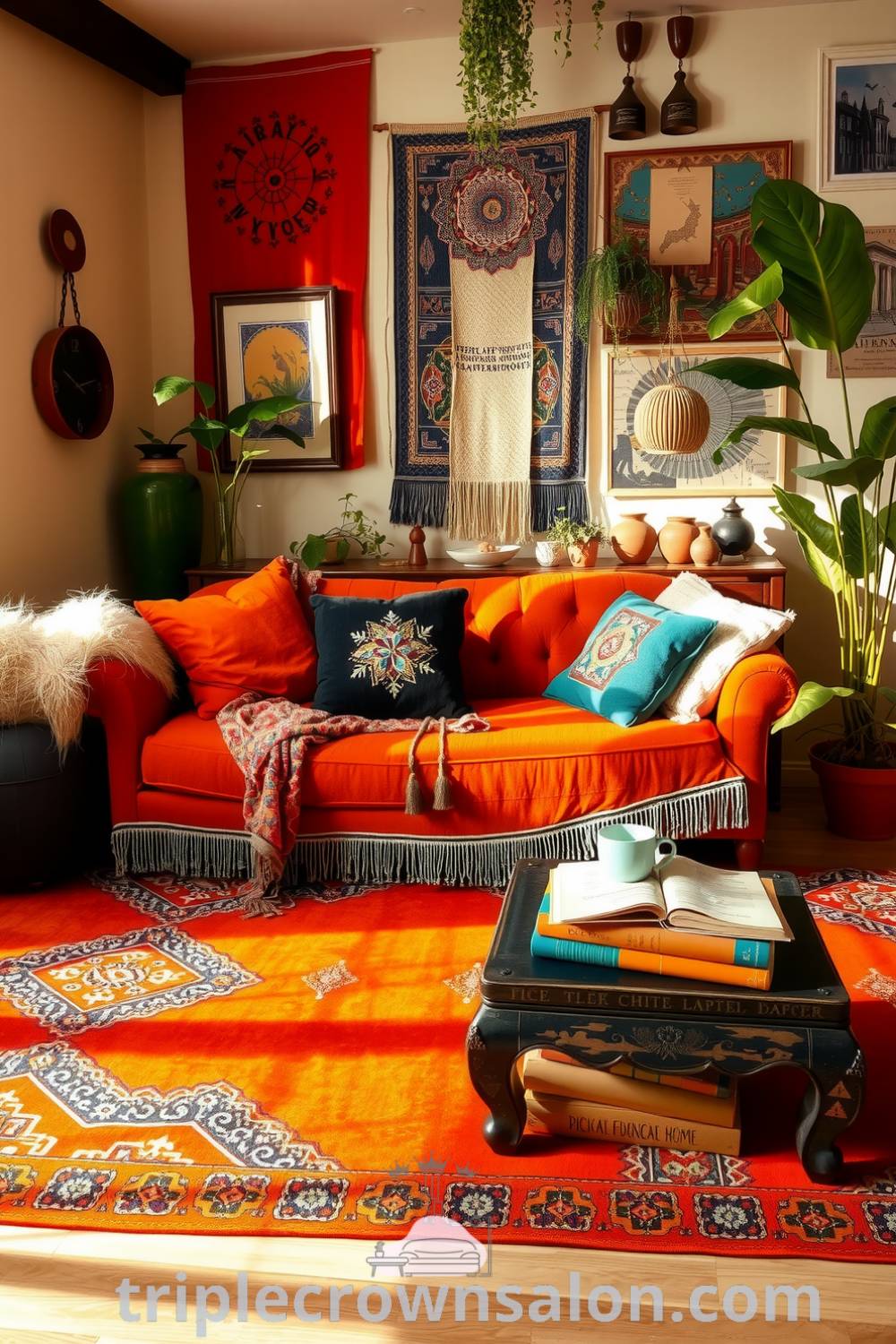 Boho living room featuring a rich orange Persian rug, plush mismatched cushions, handcrafted wall decor, and potted plants, creating a cozy atmosphere full of design inspirations for your home, with unique decor ideas and inviting layers.