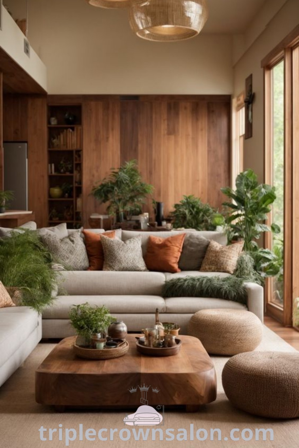 A cozy Japandi living room featuring natural colors, an abundance of plants, and stylish wooden furniture, showcasing decor ideas for small spaces and modern earth tones. Explore more inspiring design ideas at triplecrownsalon.com.
