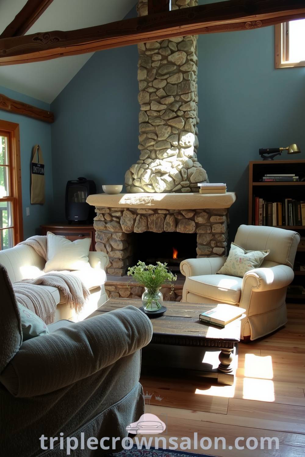 Rustic living room featuring a stone fireplace, plush armchairs, reclaimed wood coffee table, and wildflowers, creating a cozy atmosphere perfect for relaxation and reflection. Discover cozy ideas and design inspirations at triplecrownsalon.com.