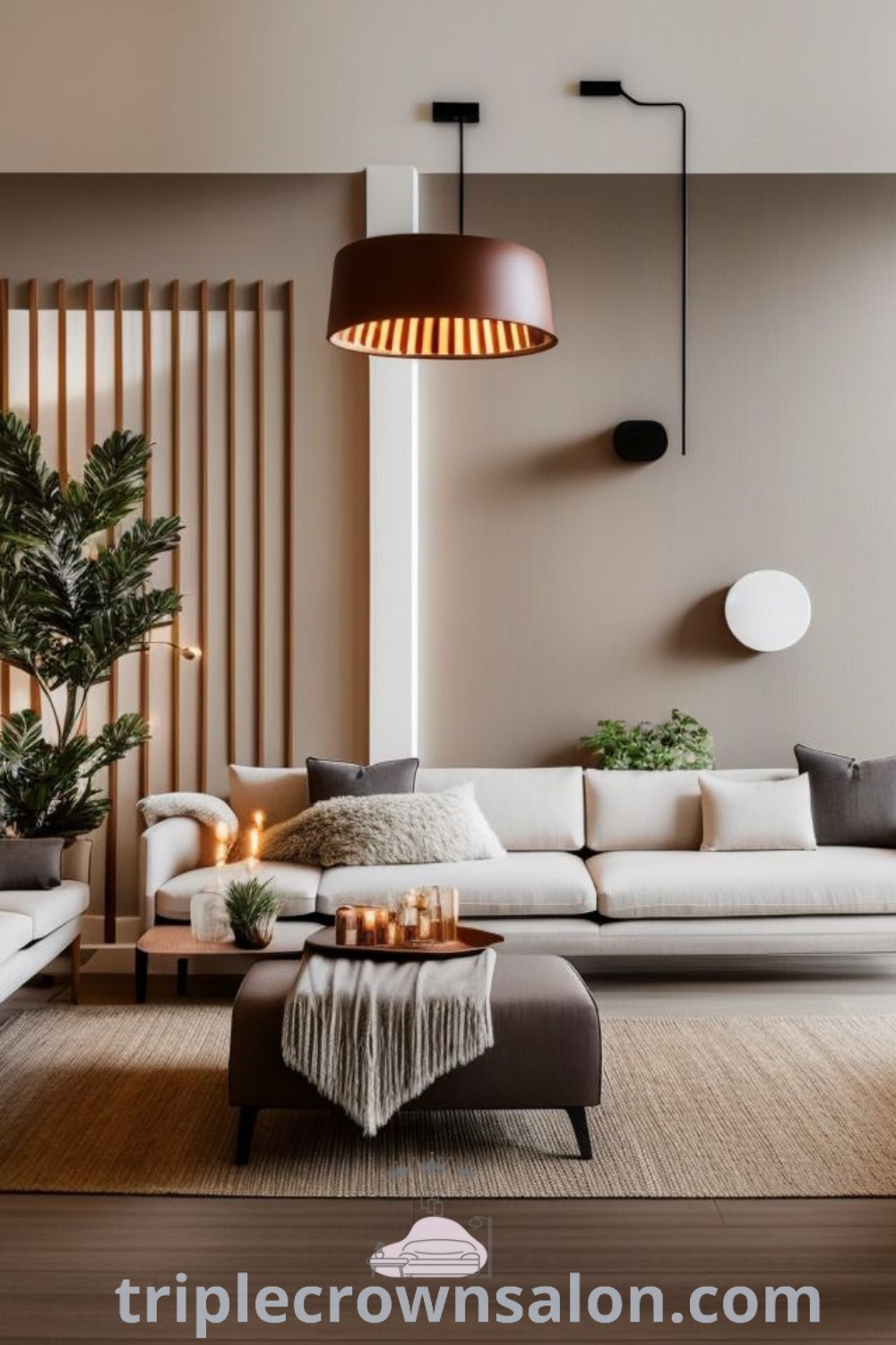 A cozy modern coastal living room featuring gray flooring and white oak elements, designed for relaxation and inviting gatherings. This inviting space showcases decor ideas and inspirations for a warm home atmosphere. Explore more unique ideas at triplecrownsalon.com.