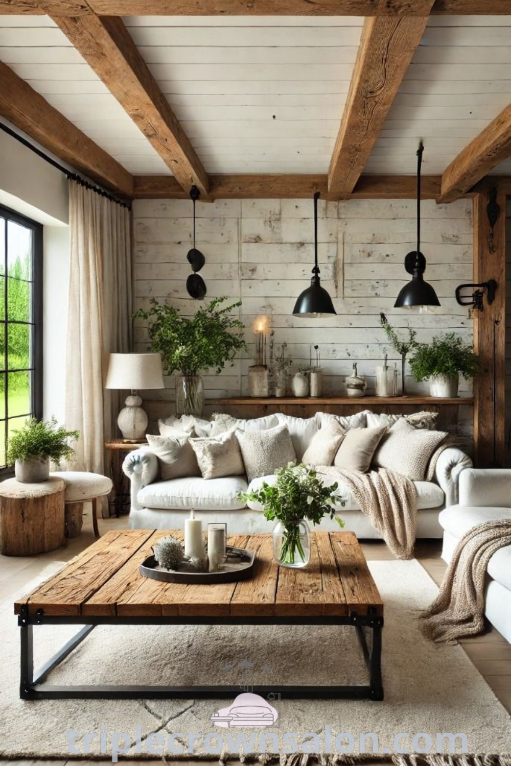 A bright farmhouse living room showcasing wooden beams and white accents, creating a cozy aesthetic perfect for relaxation and entertaining. This inspiring space highlights modern farmhouse decor ideas with a light wood palette. Discover more decor ideas for your home at triplecrownsalon.com.