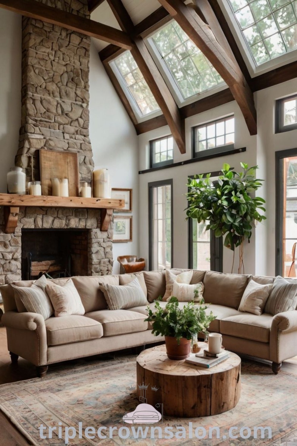 A cozy farmhouse living room filled with furniture, a central fireplace, and earthy tones creating a warm and inviting atmosphere. This space offers unique ideas for your home and is perfect for those seeking rustic modern farmhouse decor inspirations. Explore more design ideas at triplecrownsalon.com.