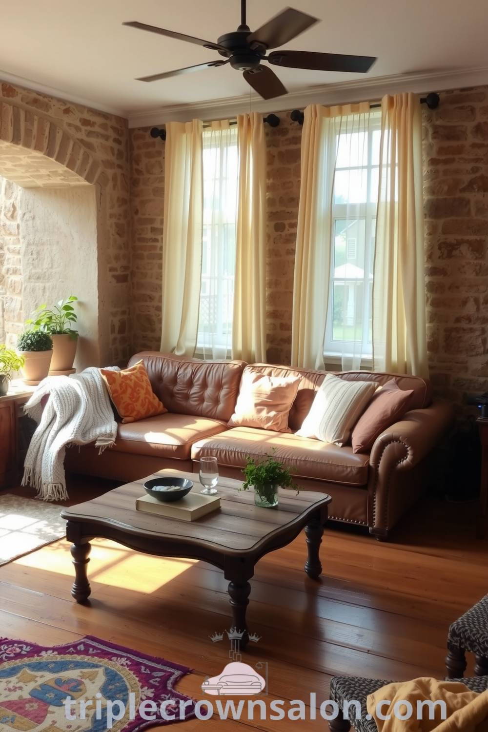Cozy living room featuring rustic stone walls, a well-worn leather sofa, textured blankets, vintage coffee table, and potted plants, showcasing inspiring decor ideas for a warm and inviting atmosphere at triplecrownsalon.com.