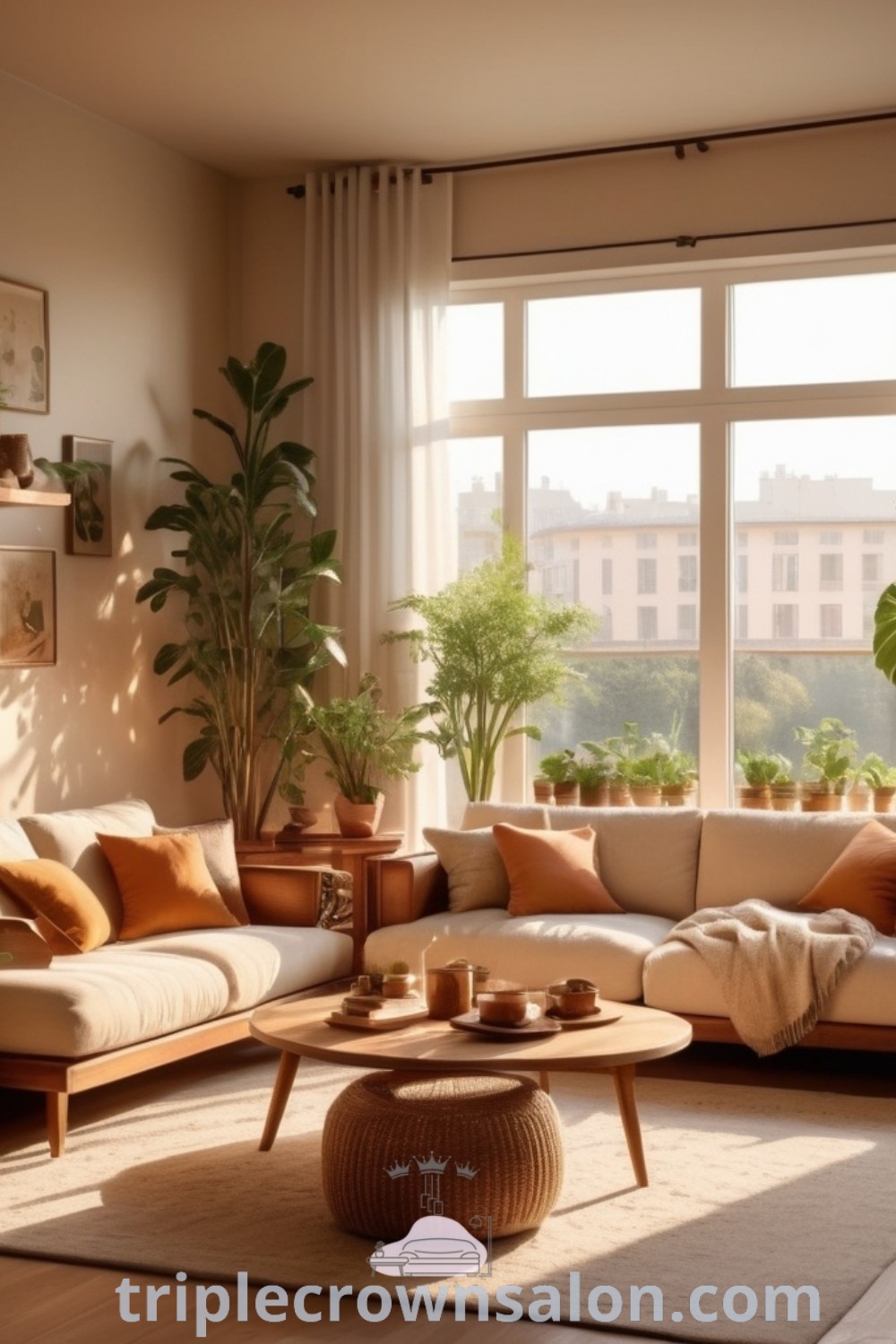 A warm and minimal living room filled with cozy furniture, potted plants, and a large window, designed to create an inviting atmosphere. This living area embodies modern design trends and offers cozy ideas for your home. Discover inspiring decor ideas for small spaces at triplecrownsalon.com.