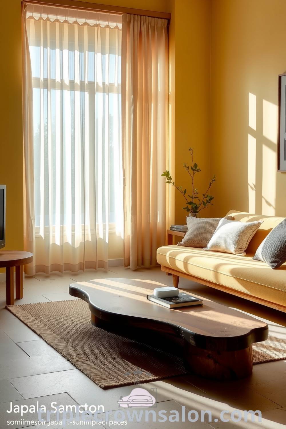 Cozy Japandi living room with soft yellow tones, natural wood accents, minimalistic furnishings, textured cushions, and a reclaimed timber coffee table, featuring sunlight filtering through sheer curtains, creating a tranquil atmosphere; see more at triplecrownsalon.com.