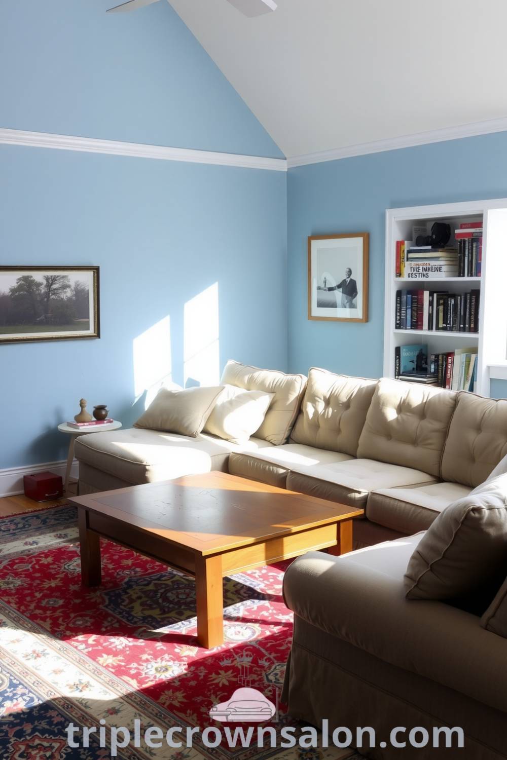 Cozy living room featuring soft blue walls, a faded sectional, and a medium oak coffee table on a Persian rug, illuminated by natural light, reflecting comfortable decor ideas for your home found on fireplacesandwoodstoves.com.
