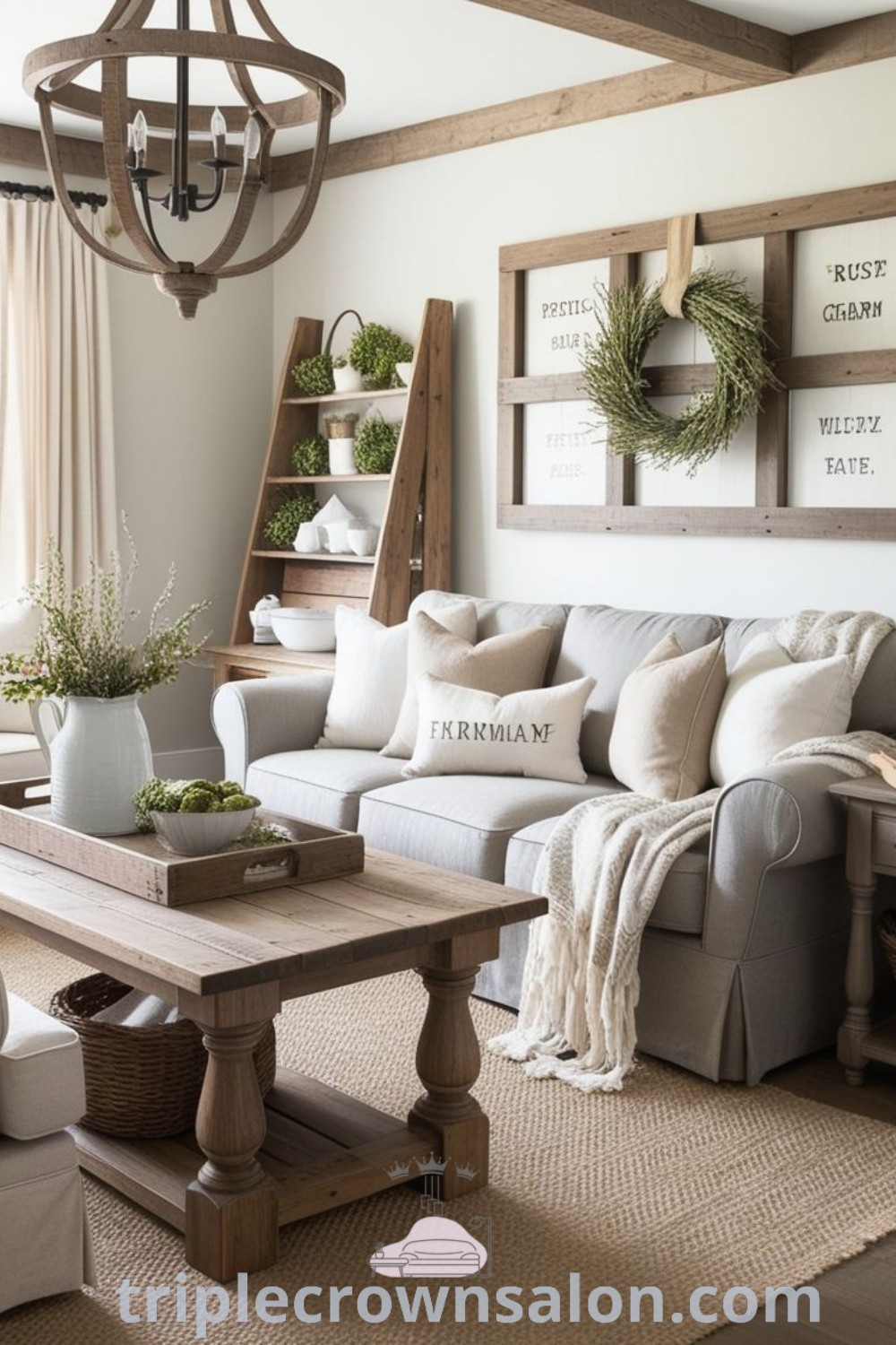 A cozy farmhouse living room featuring a rustic sectional sofa and charming decor elements, perfect for creating an inviting space. Ideal for inspiring decor ideas and unique home designs, this room exemplifies the cozy aesthetic. Discover more cozy ideas at triplecrownsalon.com.