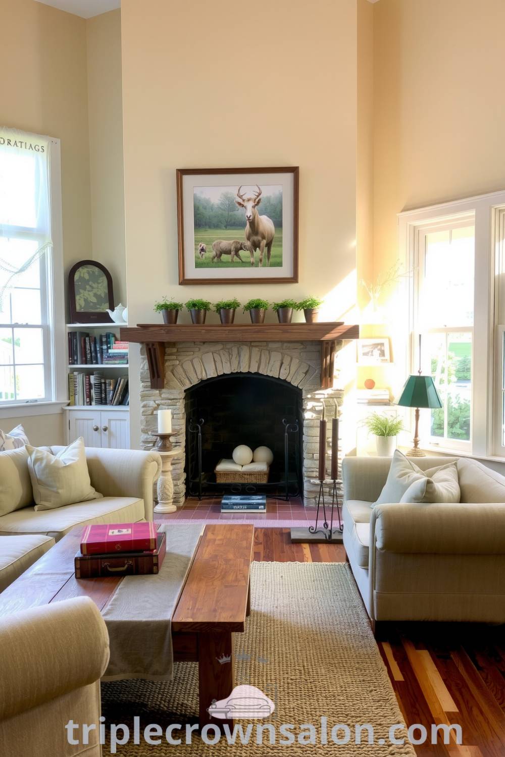 Cozy farmhouse living room featuring beige walls, lace-curtained windows, an overstuffed couch, reclaimed wood coffee table, shelves with books and trinkets, and a rustic stone fireplace, creating an inviting atmosphere perfect for comfort and inspiration. Visit triplecrownsalon.com for more cozy ideas.