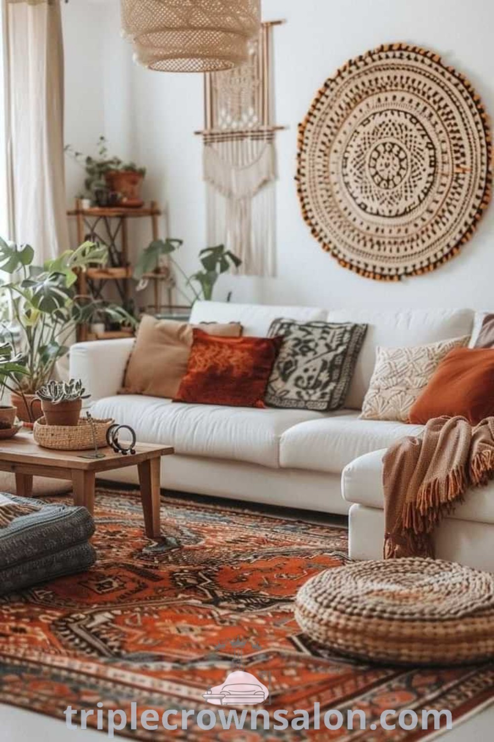 A cozy living room featuring an array of colorful Boho cushions, a stylish sofa, and various decor elements that create an inviting atmosphere. This Scandi Boho living room offers unique design ideas for your home, highlighting functional decor and inspiring cozy aesthetics. Discover more at wellnesswink.com.