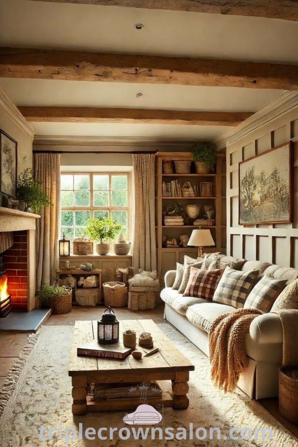 A cozy living room featuring furniture and a fireplace next to a window, emphasizing cottage core and farmhouse living room decor ideas. This inviting space, ideal for small homes, showcases design tips and inspiration for creating a cozy home. Discover more at triplecrownsalon.com.
