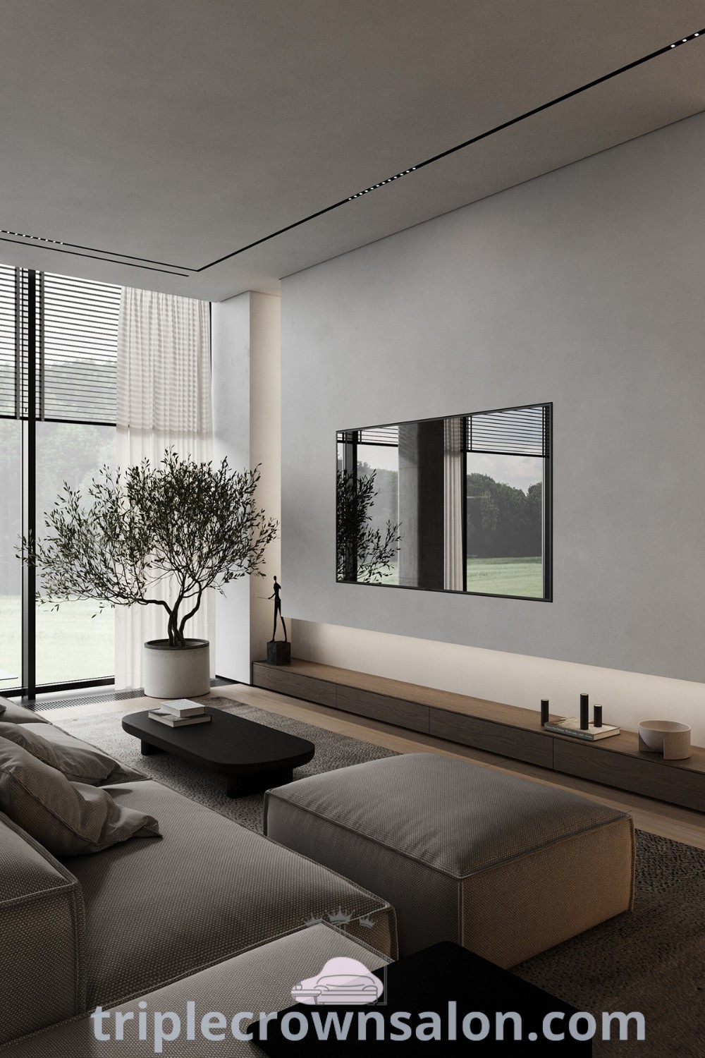 A modern minimalist living room with large windows and a tree in the center, showcasing luxury living room design, decor ideas for small spaces, and inspirations for cozy aesthetics. Explore design tips and unique ideas for your home at triplecrownsalon.com.