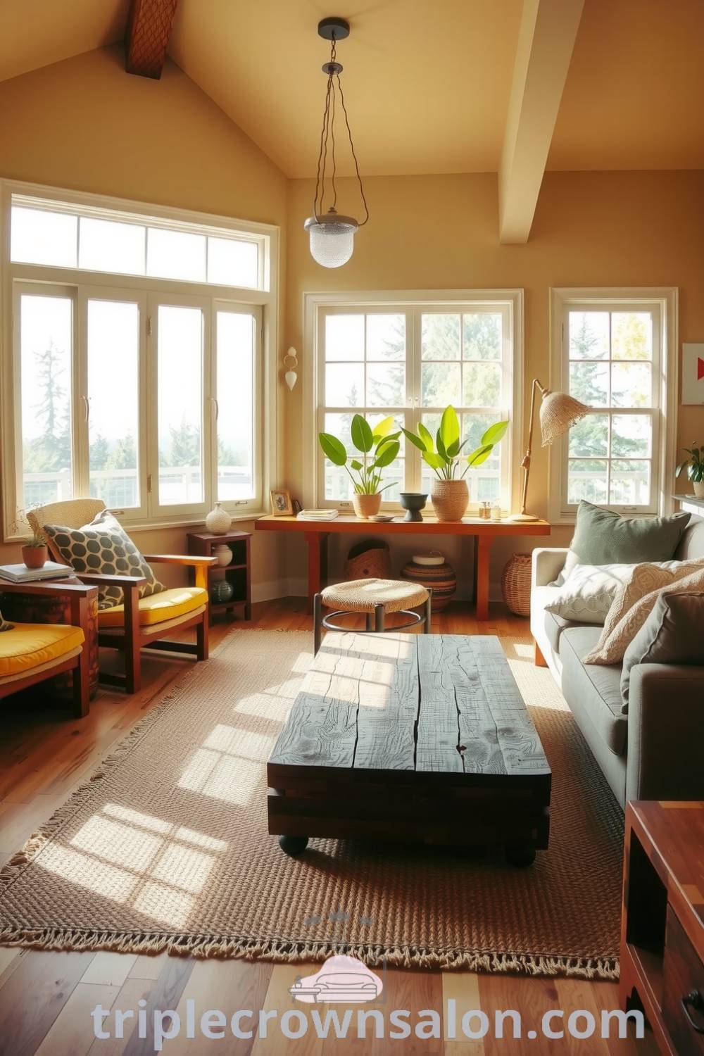 Japandi living room featuring muted yellow tones, natural wood furniture, a woven rug, large windows, a cozy reading nook with plants, and a reclaimed wood coffee table, offering inspiring decor ideas for a cozy home at triplecrownsalon.com.