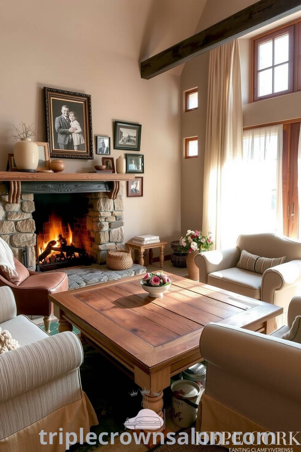 Rustic living room with beige walls, vintage photographs, a weathered wooden coffee table, plush armchairs with linen throws, a roaring stone fireplace, and soft sunlight filtering through sheer curtains, offering cozy ideas and decor inspirations for a welcoming home atmosphere on triplecrownsalon.com.