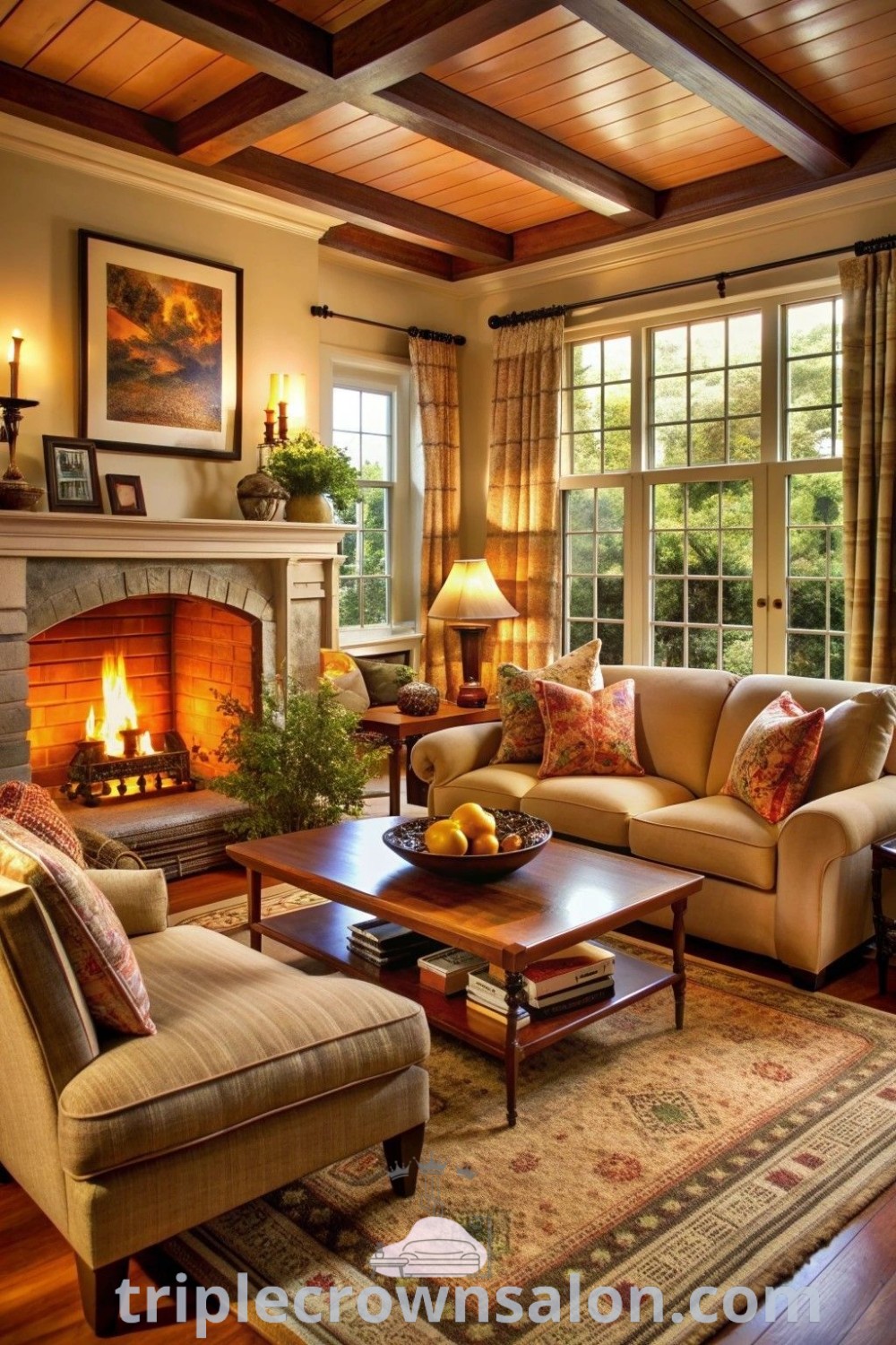 A cozy cottage family room filled with rustic furniture, a fireplace in the center, and decorated with inviting textiles, showcasing country-style living room ideas and warm decor inspirations. Explore unique ideas for your home at triplecrownsalon.com.