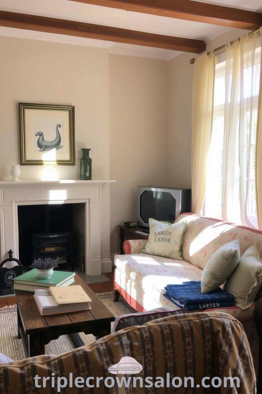 Cozy French living room featuring soft cream walls, a faded floral sofa, wooden fireplace, rustic coffee table with books, and sheer curtains. It offers cozy design ideas and inspirations for home decor at triplecrownsalon.com.