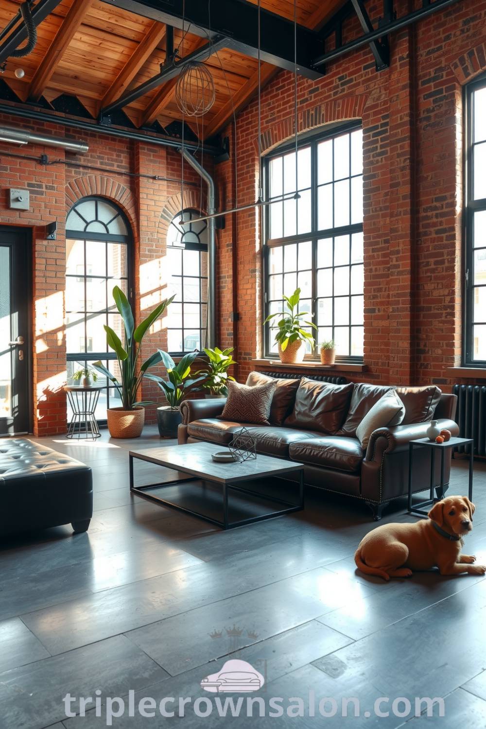 Industrial living room featuring exposed brick walls, a worn brown leather sofa, a distressed metal coffee table, and large factory-style windows, creating a cozy and stylish atmosphere for a home. Visit triplecrownsalon.com for more decor ideas and inspirations.
