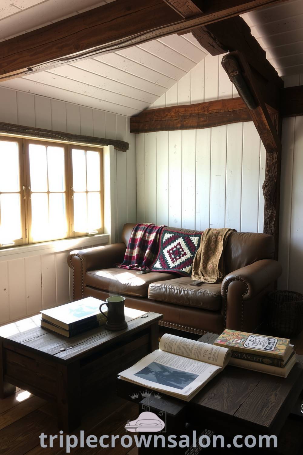 Rustic living room featuring whitewashed wooden walls, exposed beams, a worn leather sofa with a handmade quilt, and a reclaimed wood coffee table adorned with books and a steaming mug, creating a warm and inviting space ideal for relaxation. Visit triplecrownsalon.com for more cozy home ideas and decor inspirations.