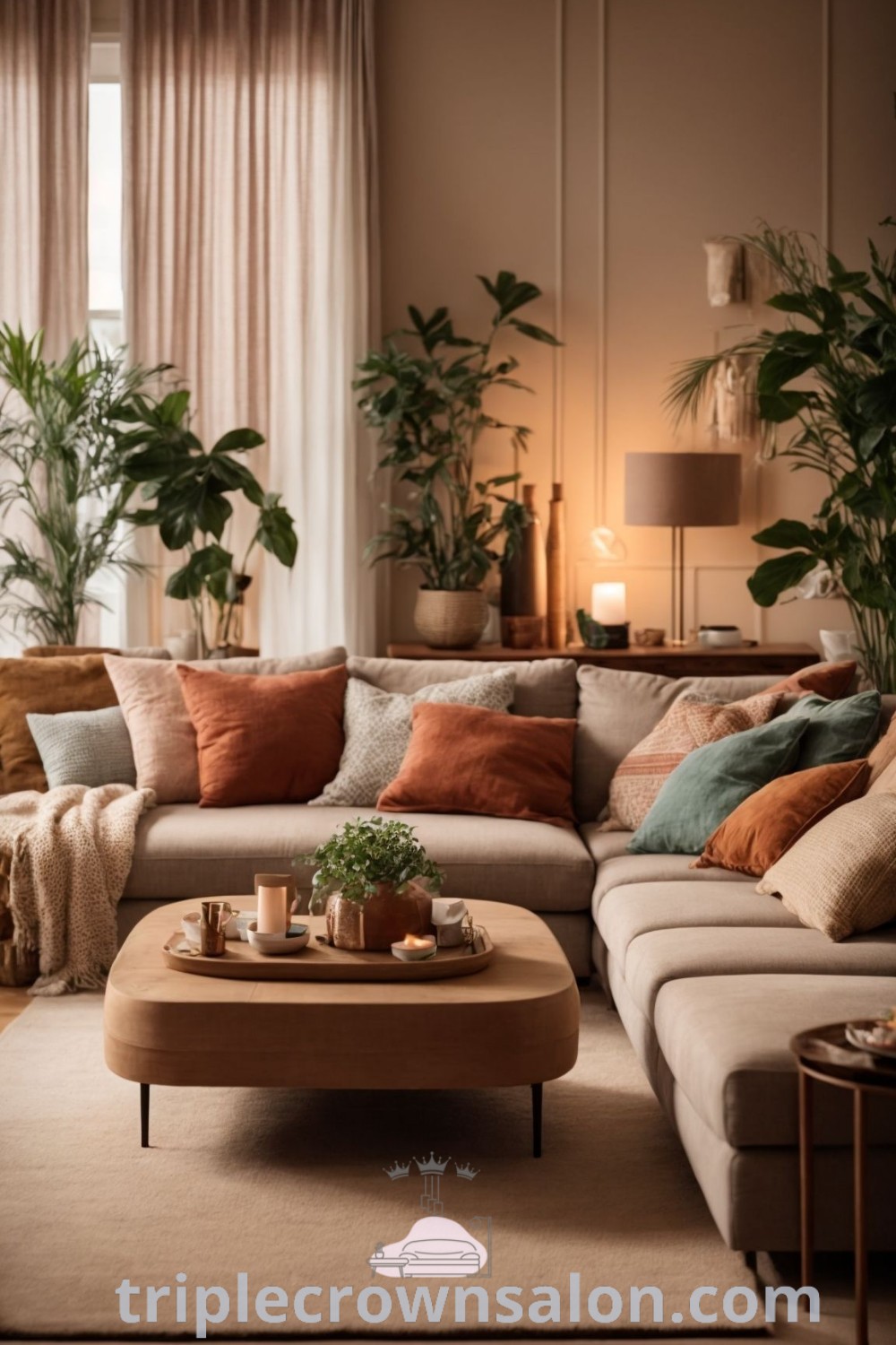 A cozy bohemian living room filled with lush plants and stylish furniture, showcasing earthy tones and vibrant decor ideas. This space represents unique inspirations for your home and cozy living room designs, perfect for small apartments. Discover more design tips and ideas at triplecrownsalon.com.