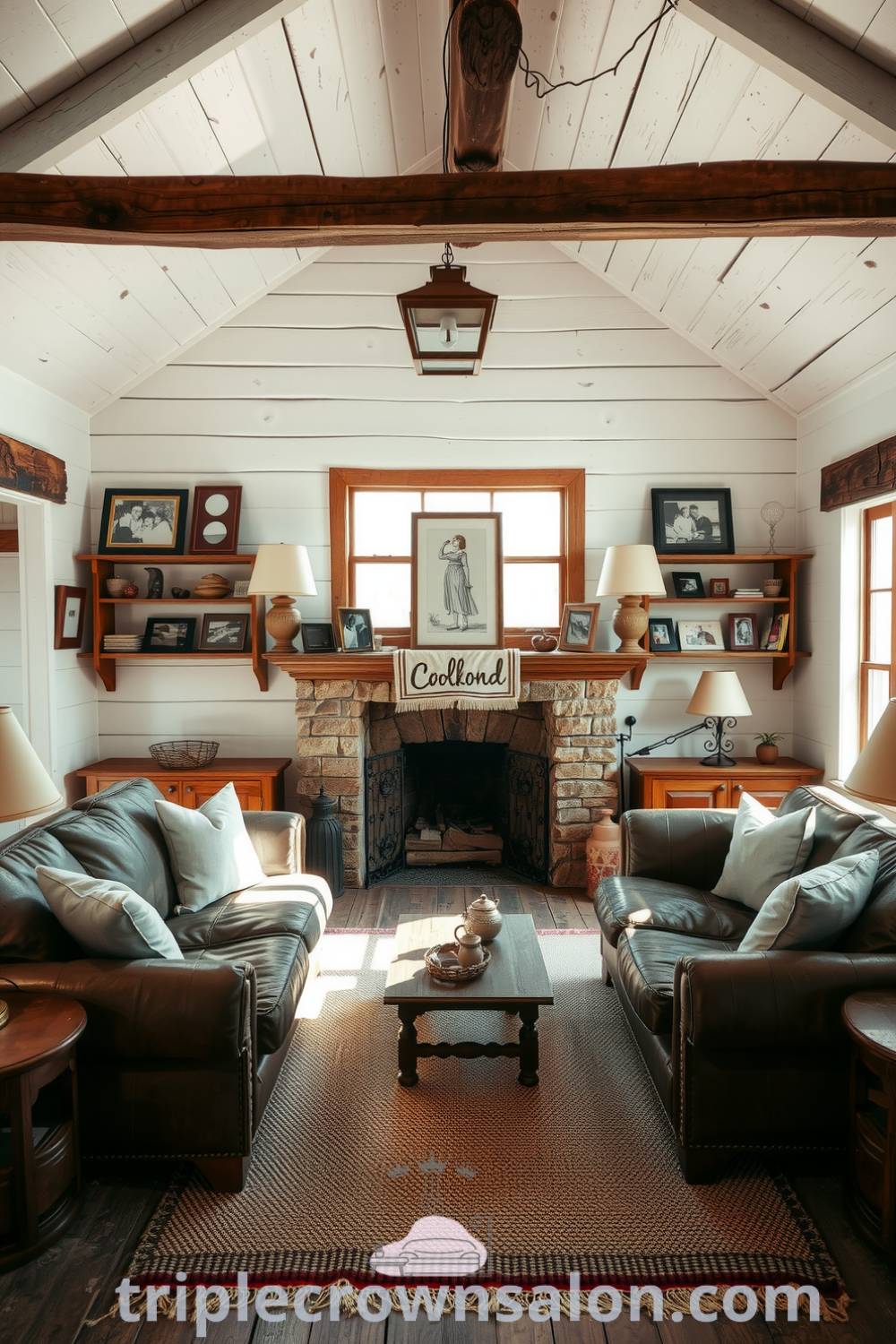 Cozy rustic living room with whitewashed walls, vintage lamps, a leather sofa, a stone fireplace, and large windows that invite natural light, offering inspiring decor ideas for a cozy home at triplecrownsalon.com.