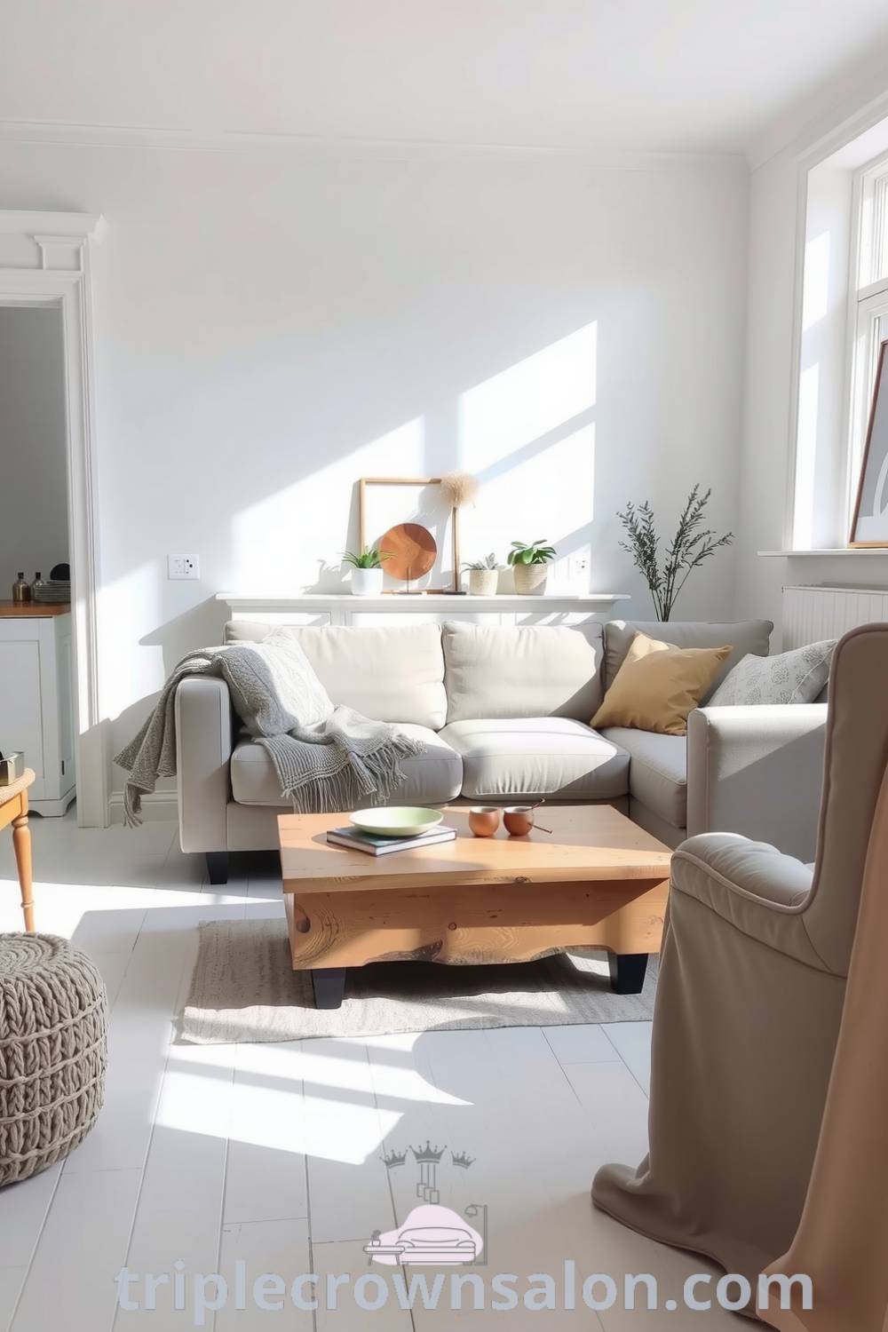 Cozy Scandinavian living room with natural light, soft white walls, a light gray sofa, handmade wooden coffee table, cozy textiles, potted plants, creating a serene and inviting atmosphere perfect for relaxation and socializing. Visit triplecrownsalon.com for more cozy decor ideas.