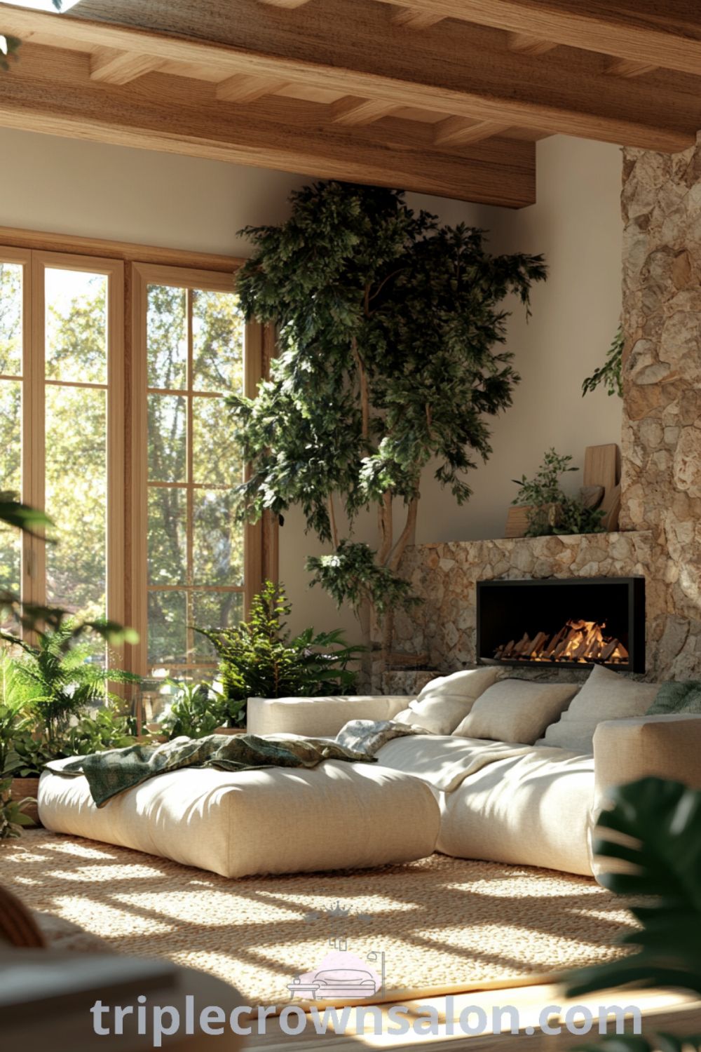 Nature-inspired living room featuring earthy tones, rich wooden beams, a textured stone fireplace, plush sofas, and lush green plants, creating a cozy atmosphere ideal for relaxation. Visit triplecrownsalon.com for decor ideas and inspirations.