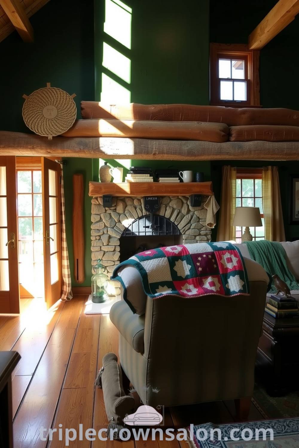 Rustic living room showcasing wooden beams, a stone fireplace, deep green walls, and overstuffed furniture, creating a cozy atmosphere with inviting decor ideas from fireplacesandwoodstoves.com.