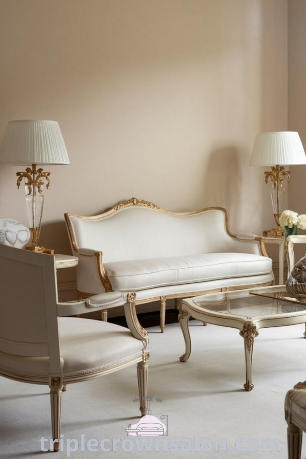 A luxurious living room featuring classic style furniture, a white elegant sofa, and two stylish lamps, creating a cozy and inviting ambiance. Discover more decor ideas at wellnesswink.com.