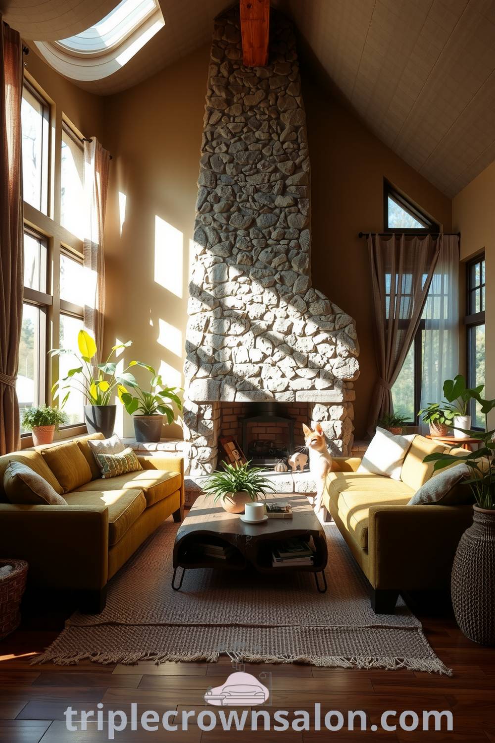 Cozy living room featuring earthy tones, large windows with sheer drapes, stone fireplace, moss-green sofas, and potted plants, creating an inviting and serene atmosphere for relaxation. Website: triplecrownsalon.com. Cozy home, design ideas, Decor inspirations, inspiring ideas for your home, Cozy Aesthetic.