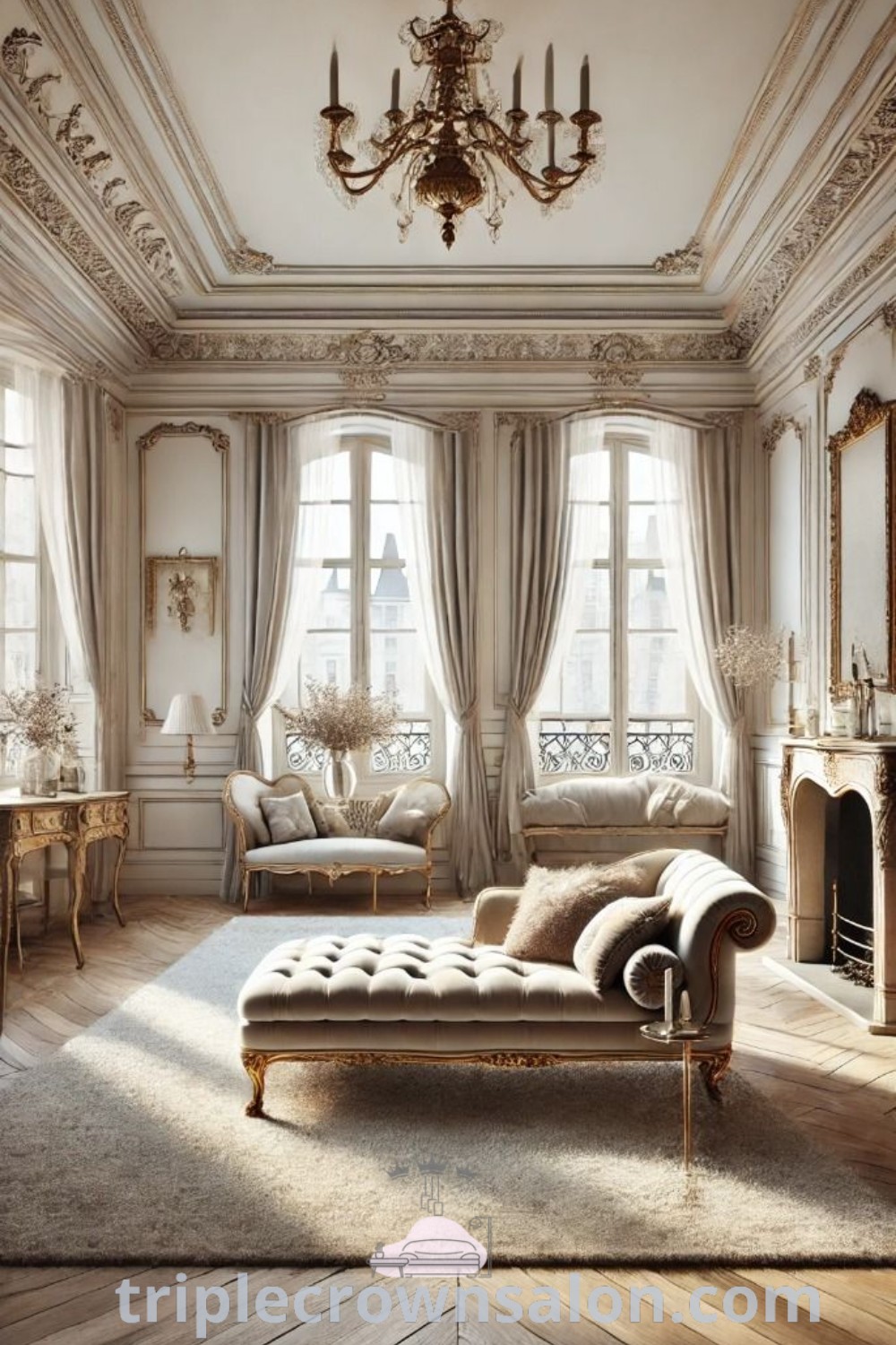 An elegant French parlor room filled with vintage furniture, a chandelier, and intricate crown molding, embodying old French interior design and cozy aesthetics. Discover decor inspirations for your home at triplecrownsalon.com.