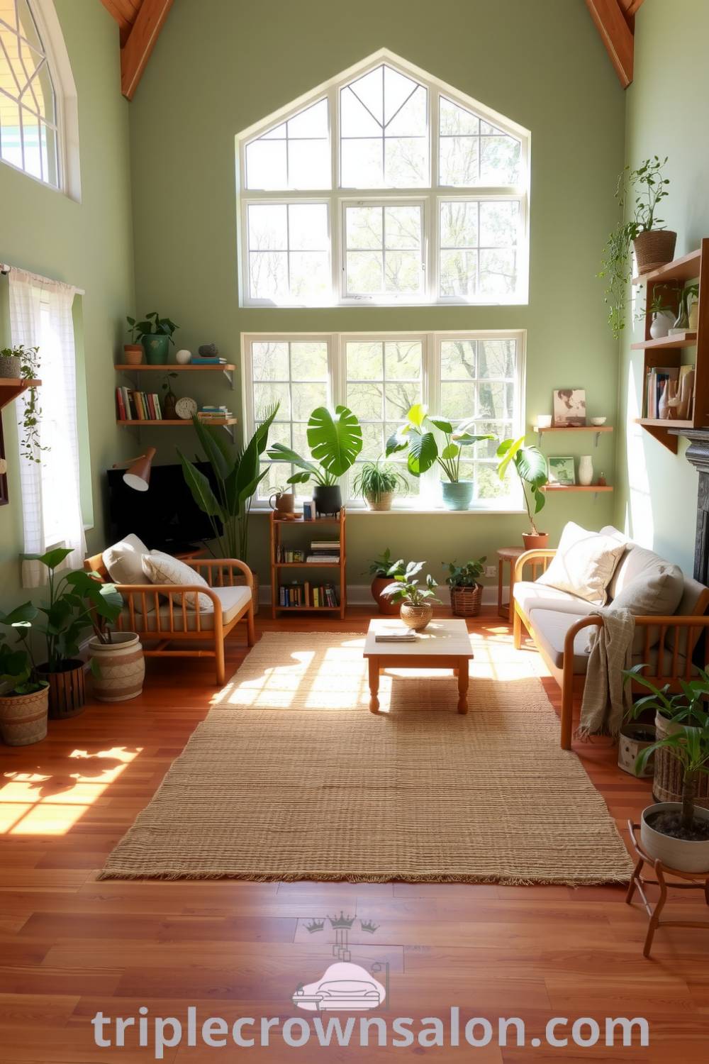 Cozy nature-inspired living room featuring soft greens, bamboo furniture, a textured jute rug, abundant potted plants, and warm sunlight through large windows, creating an inviting atmosphere with ideas you need to see for your home, inspired by decor ideas for small spaces at triplecrownsalon.com.