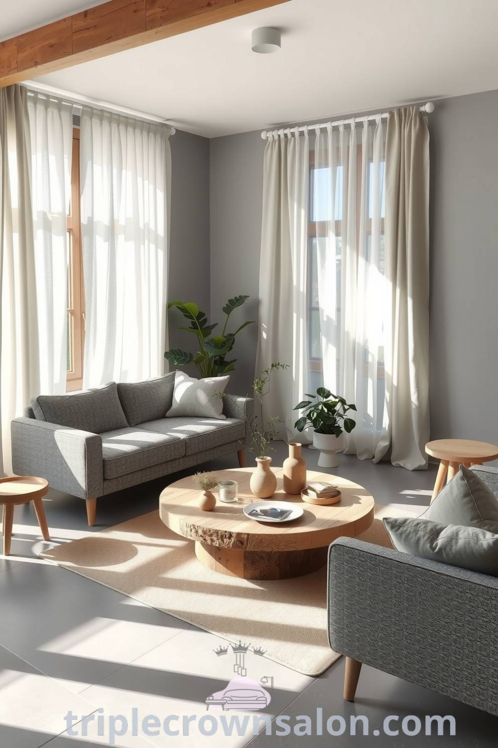 Japandi living room featuring soft grey tones, natural wooden furnishings, a textured low-profile sofa, a reclaimed wood coffee table, and sunlight filtering through sheer curtains, enhancing the cozy aesthetic and infused with life through plants. Visit triplecrownsalon.com for more cozy design ideas.
