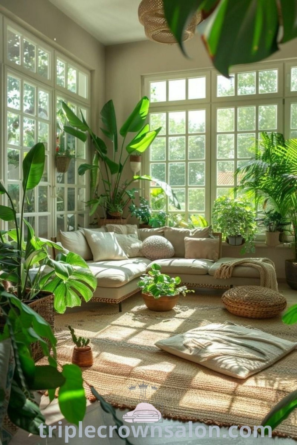 A stylish jungle living room filled with greenery and plants near large windows on a wooden floor, showcasing unique decor ideas and inspiring inspirations for a cozy home. Discover more design tips at triplecrownsalon.com.