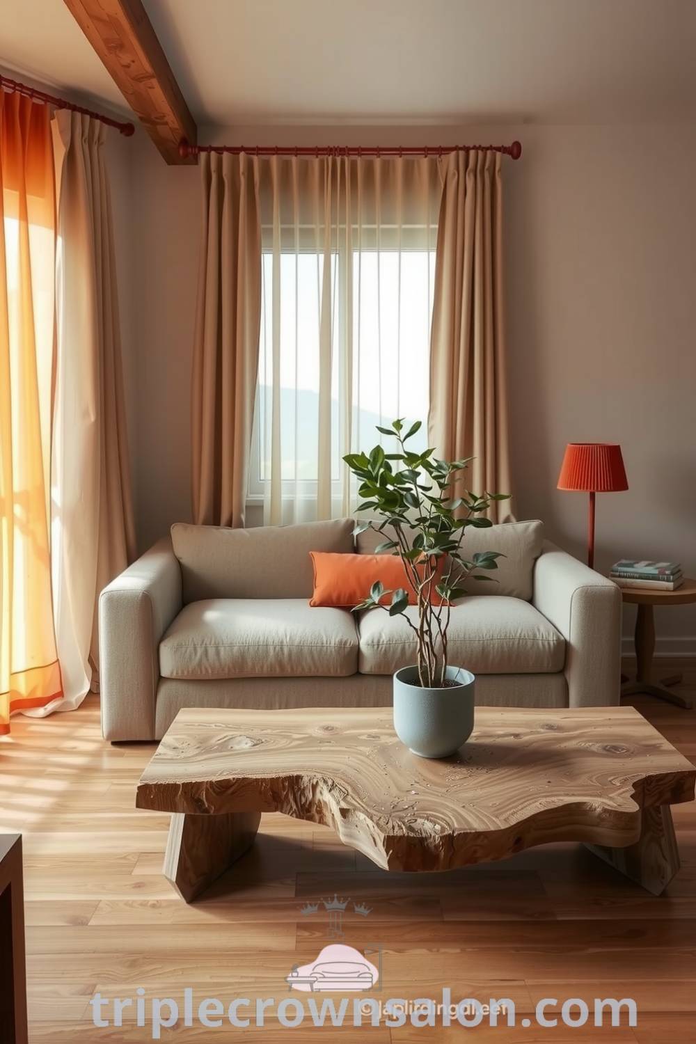 Warm Japandi living room featuring vibrant orange accents, natural wood, soft textiles, a cozy sofa, reclaimed wood coffee table, and indoor plants, creating a warm and inviting atmosphere. Ideas you need to see for cozy home décor from triplecrownsalon.com.