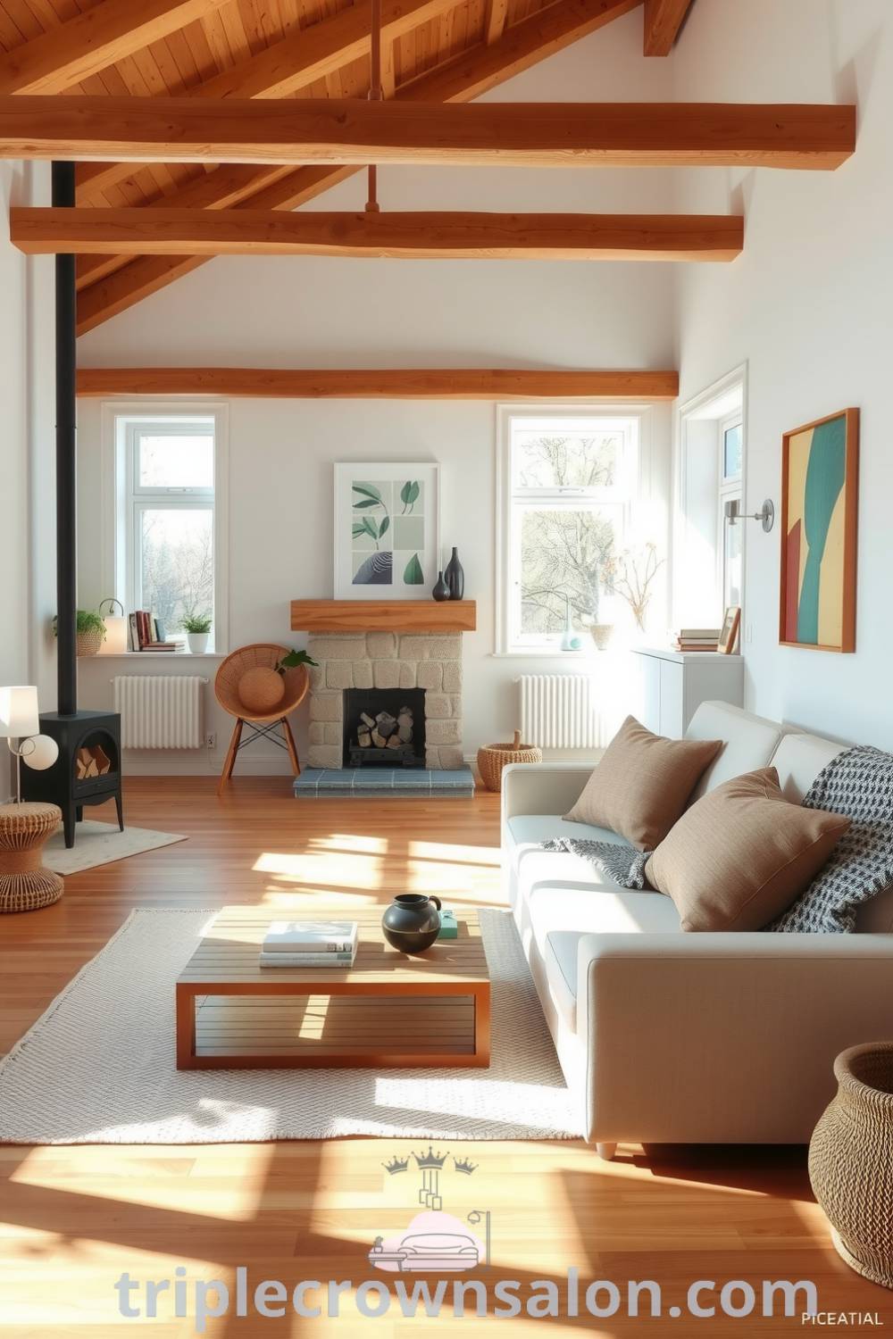 Scandinavian living room with soft white walls, natural wood accents, a minimalist sofa with a chunky knit throw, and a stone fireplace, evoking a cozy aesthetic and inviting atmosphere, featuring design ideas perfect for your home from triplecrownsalon.com.