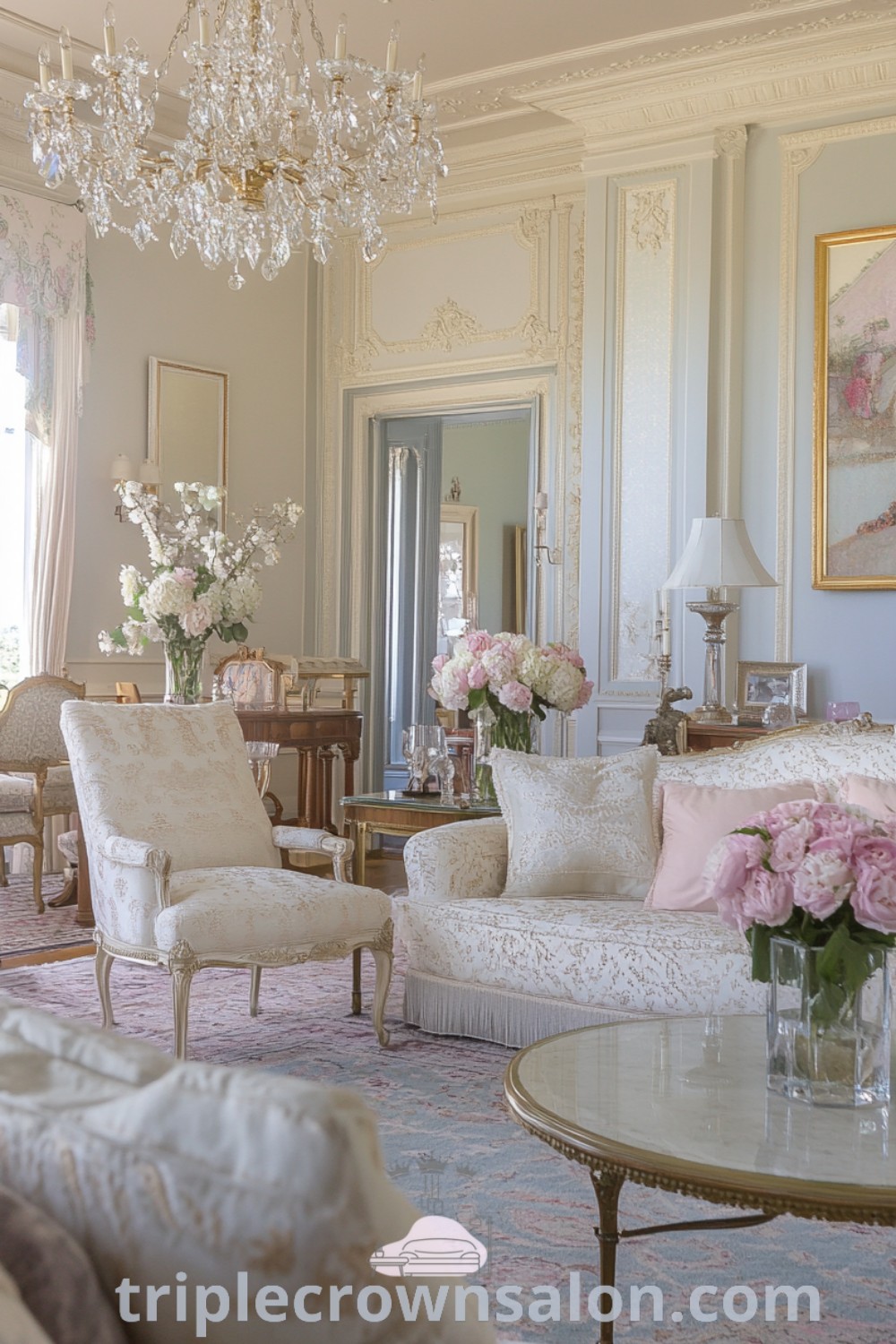 An elegant Parisian style living room filled with luxurious furniture, flowers in vases, and whimsical decor elements, creating an inspiring cozy aesthetic. Explore unique ideas for your home and discover decor ideas for small spaces at triplecrownsalon.com.