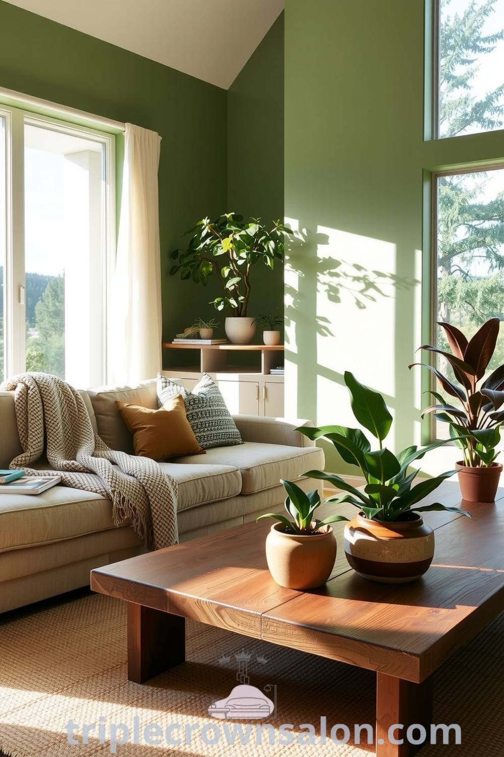 Living room featuring soft green walls, large windows with a view of trees, a neutral sofa, reclaimed wood coffee table, potted plants in handcrafted ceramic pots, and a textured jute rug, embodying a cozy aesthetic and nature-inspired decor ideas, with tips for creating a serene home environment on triplecrownsalon.com.